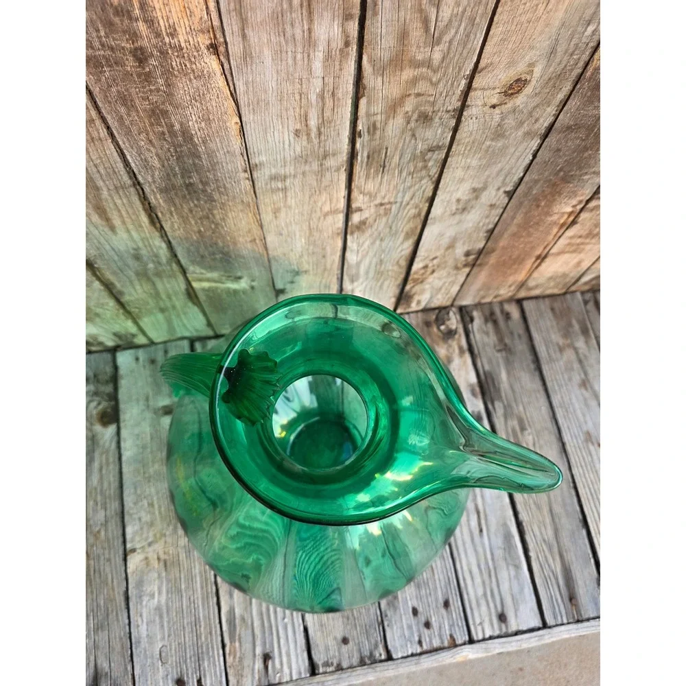 Vintage Emerald Green Hand Blown Glass Pitcher Optic Rib Mid Century Modern 15